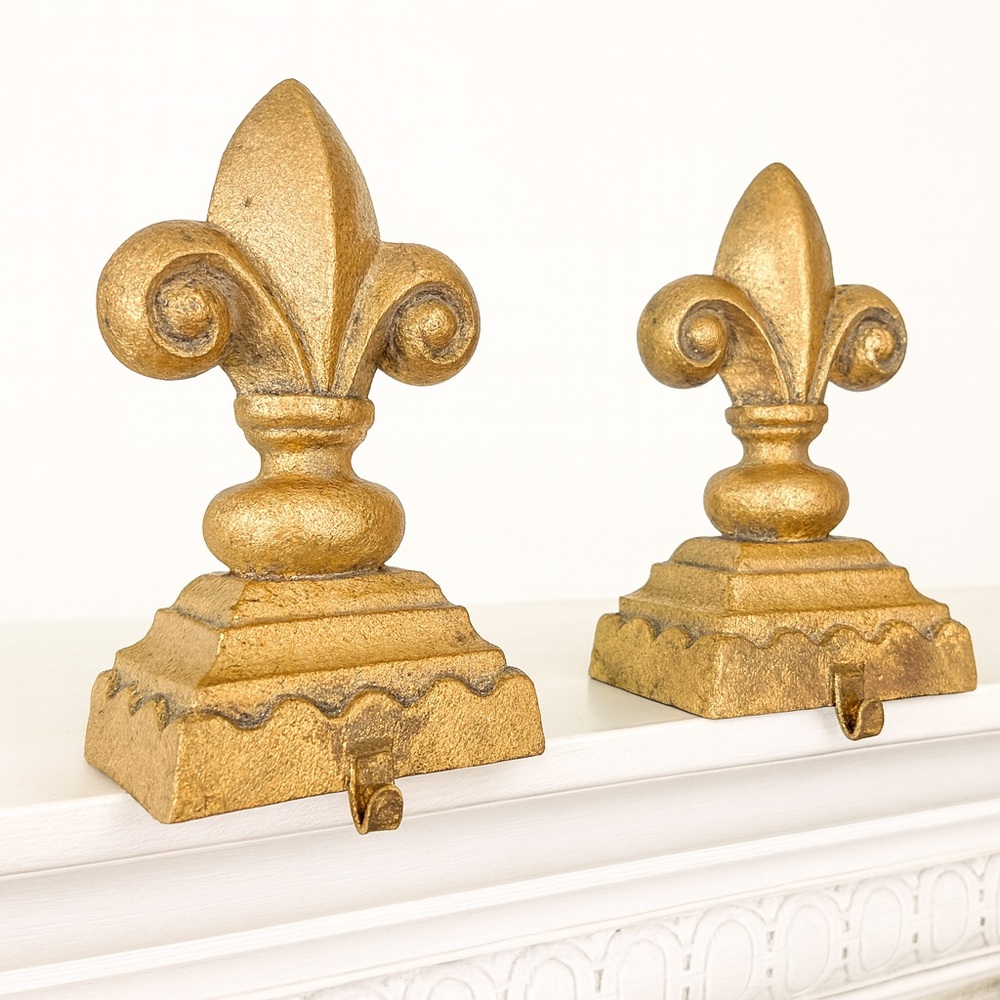 Pair Fleur de Lis Gold Mantel Hooks Holders French Country Decor